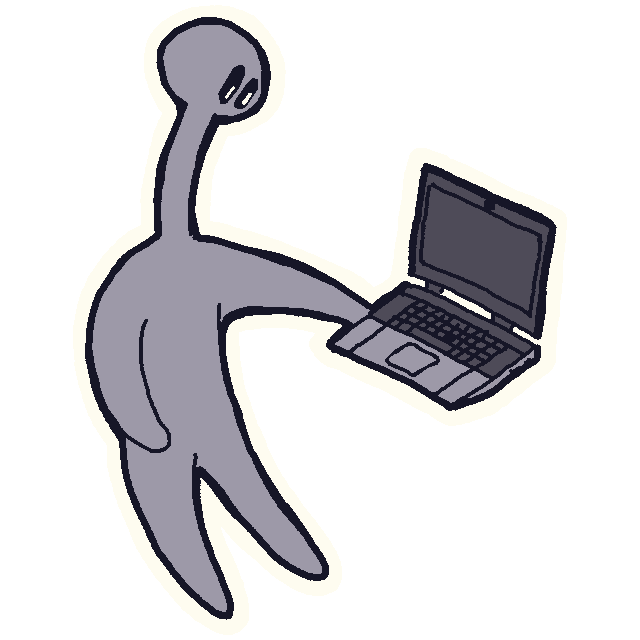 Alien with a long neck holding a laptop