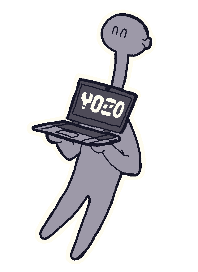 Alien proudly showing the laptop screen, which reads "YOZO" in a large font.