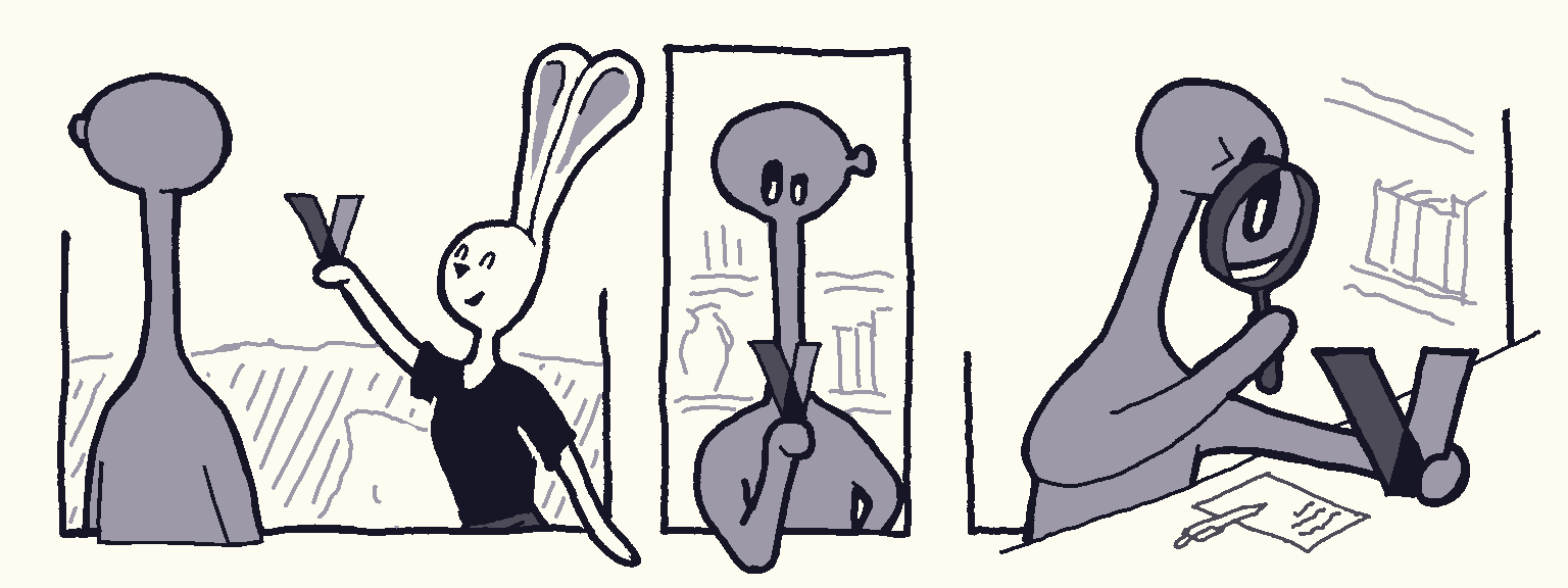 A short three-panel comic; in the first panel, a bunny character is excitedly holding up the Vento logo in front of the alien. In the second panel, the alien is holding the laptop in one hand, the other on their hip, looking suspiciously at the logo. In the final panel, the alien is hunched over a table  with a looking glass, closely inspecting the Vento logo and making notes.