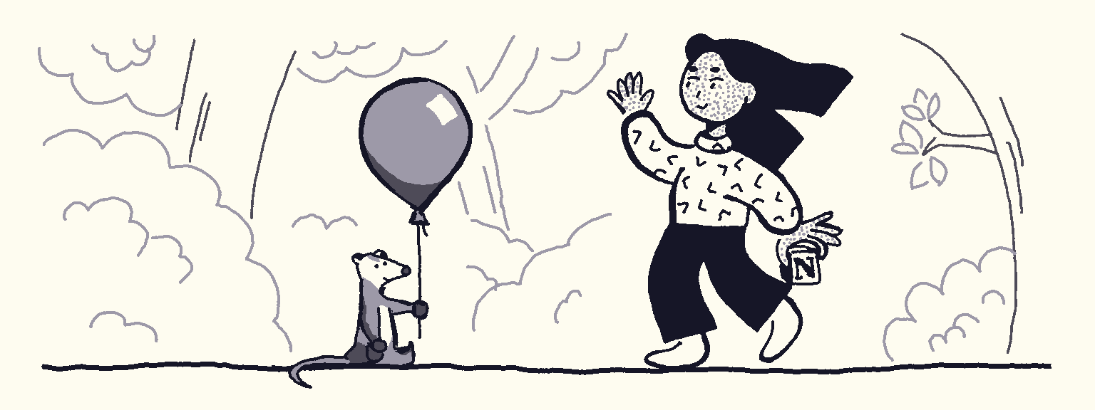 A small possum holding a balloon is sitting on the ground in a park; it's a depiction of Eleventy's mascot. To its left, a girl holding the Notion logo happily waves walking towards the possum. The girl is drawn in the same style as the one used on Notion's own website.